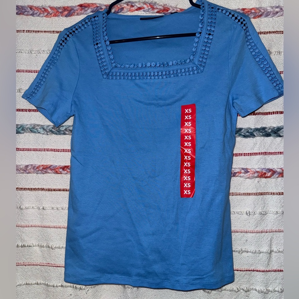 Rafaella Blue Short Sleeve Top with Square Neckline